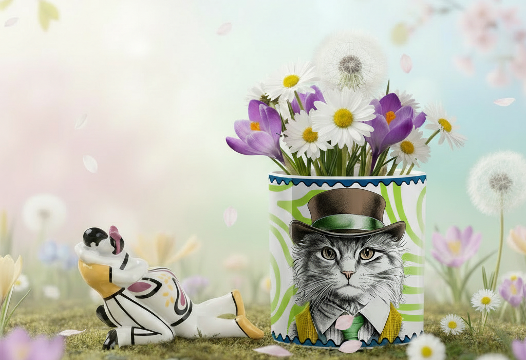A ceramic cat in a top hat holds a bouquet of spring flowers in a whimsical garden.