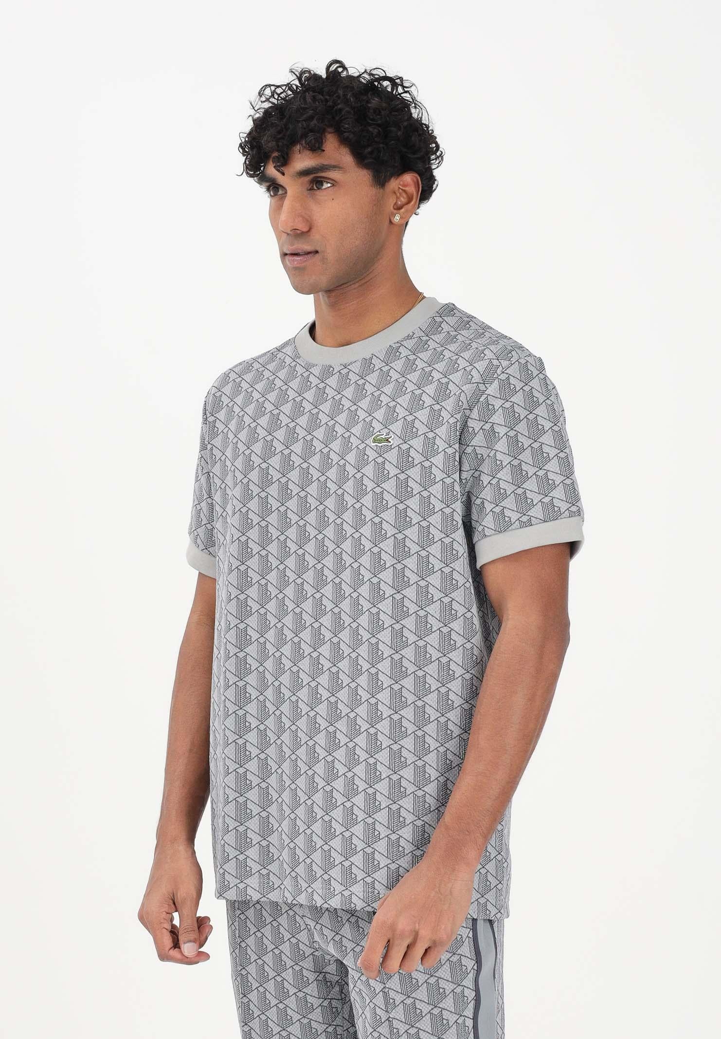 Image of LACOSTE T-shirt a manica corta grigia da uomo con monogramma jacquard
