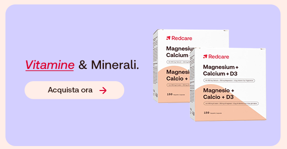 Due confezioni di integratori Redcare Magnesio + Calcio + D3 su sfondo lilla, accompagnate dal testo &ldquo;Vitamine & Minerali&rdquo; con un pulsante &ldquo;Acquista ora&rdquo;.