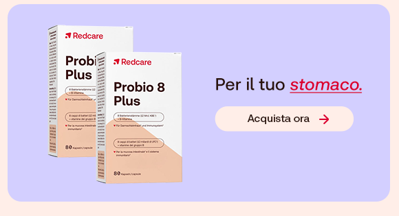 Due confezioni di Redcare Probio 8 Plus su sfondo lilla, con il testo &ldquo;Per il tuo stomaco.&rdquo; e pulsante &ldquo;Acquista ora&rdquo;.