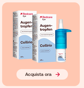 Due confezioni e flacone di collirio Redcare Eye su sfondo pesca chiaro. In basso pulsante: &ldquo;Acquista ora&rdquo;.