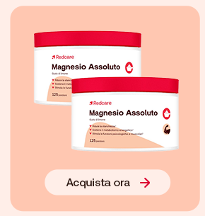 Due vasetti di Redcare Magnesio Assoluto su sfondo pesca chiaro. In basso pulsante: &ldquo;Acquista ora&rdquo;.
