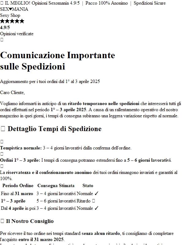 📦 Avviso Spedizioni | Ritardi previsti dal 1° al 3 Aprile – Ordina Entro il 31 Marzo