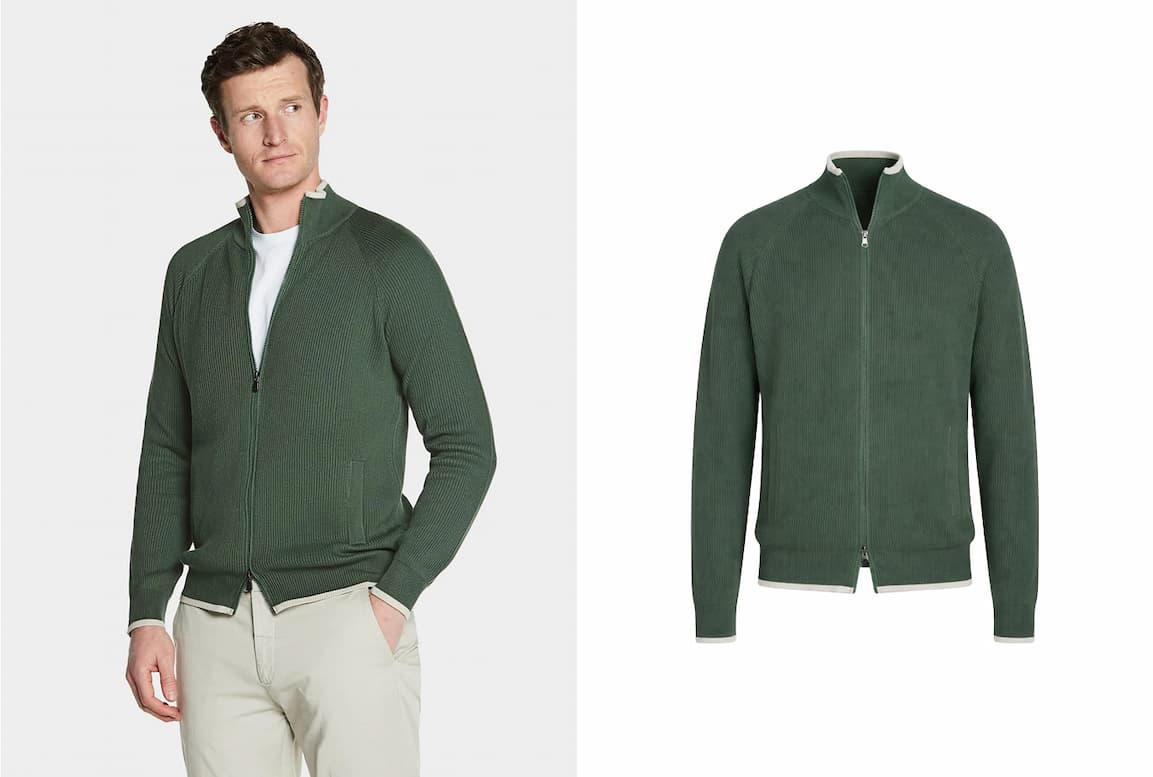 Maglia full zip a coste in puro cotone