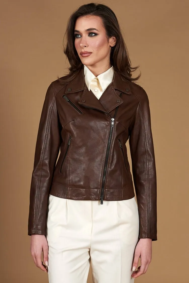 Image of Giacca chiodo in pelle naturale marrone cerniera trasversale