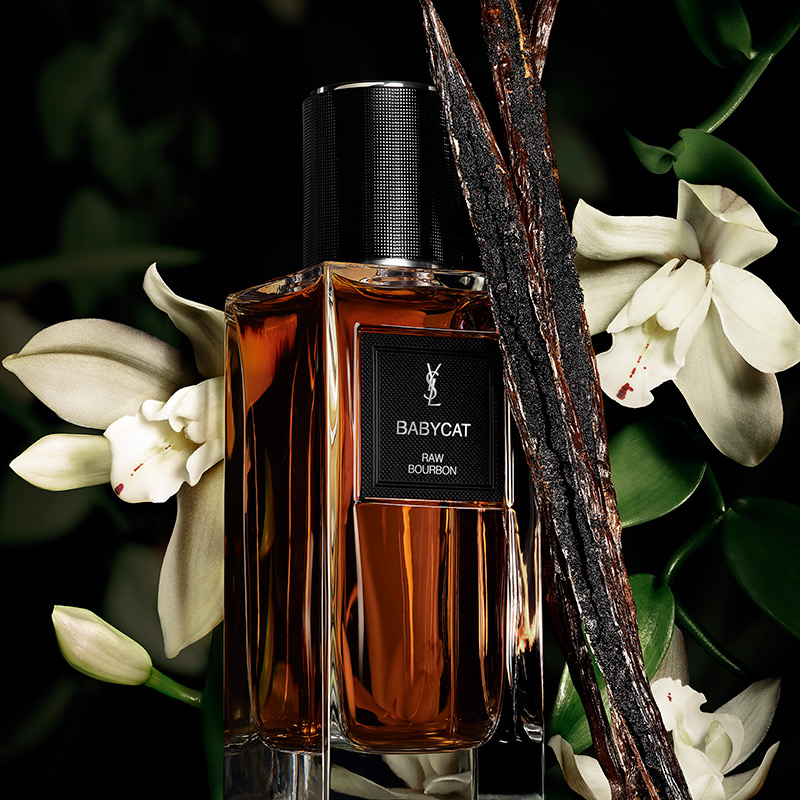 Un flacone di profumo YSL Babycat tra orchidee di vaniglia e baccelli essiccati.