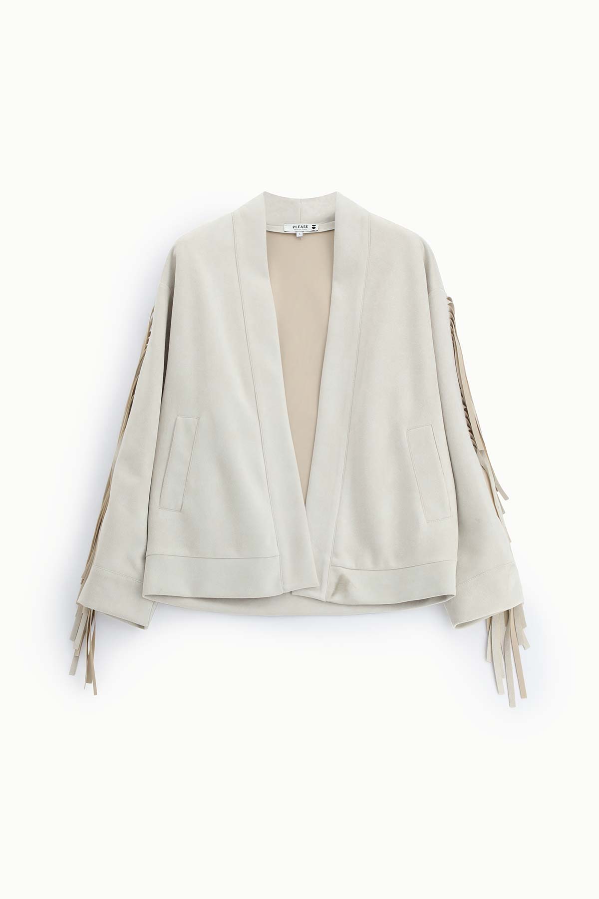 Cream suede open-front jacket with fringe along sleeves and front welt pockets