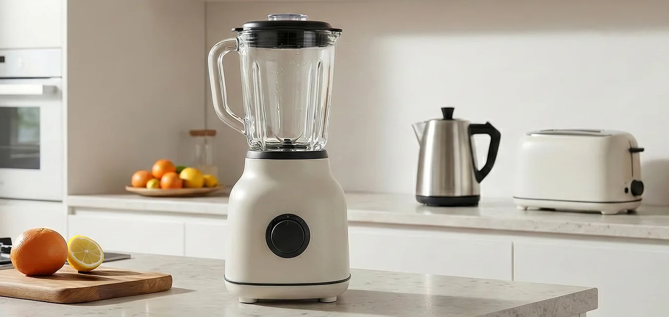 Piano di lavoro con un frullatore bianco, tagliere con arancia e limone, bollitore elettrico, tostapane e due taglieri di legno in una cucina moderna.
