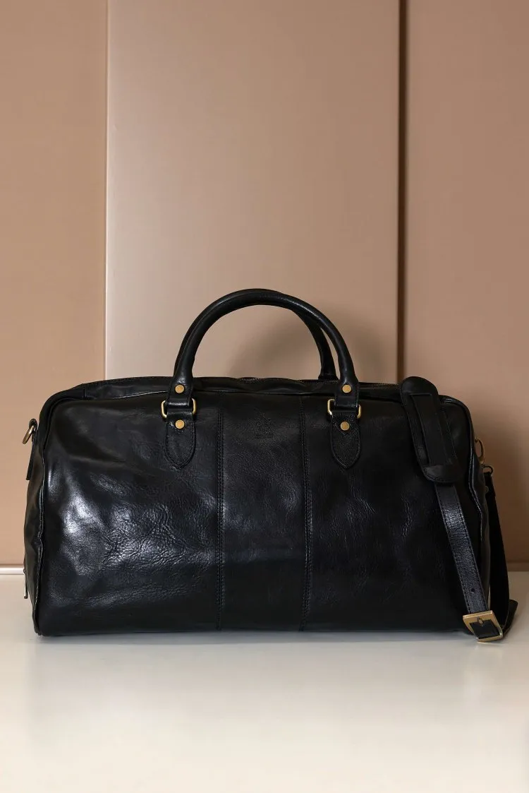 Image of Borsone da viaggio in pelle nera con manico pieghevole