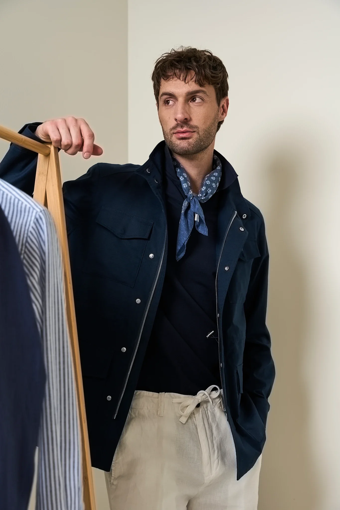 Image of Giacca sahariana blu lino cotone