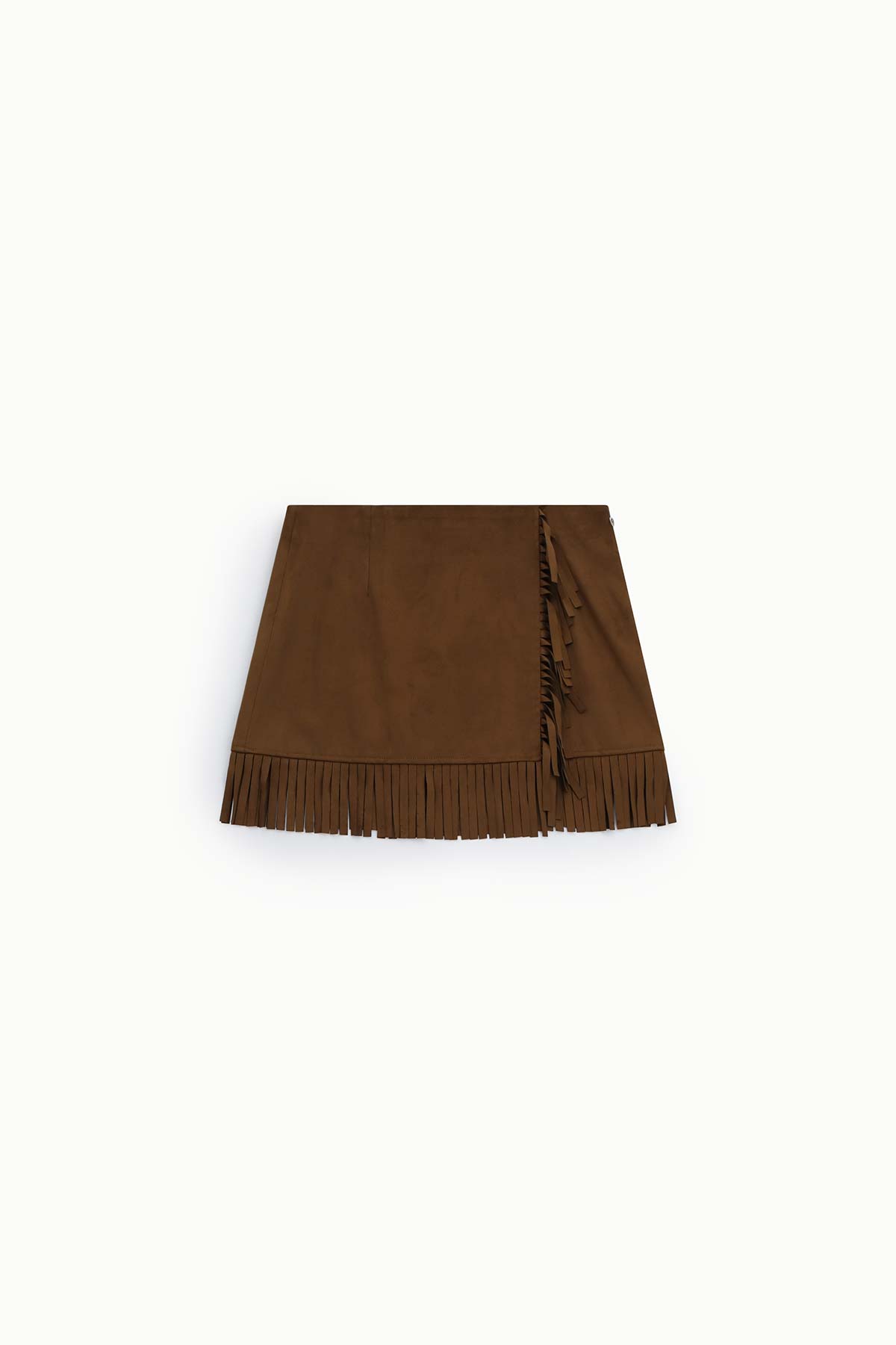 Brown suede wrap mini skirt with fringe hem and side tie, flat lay on white background