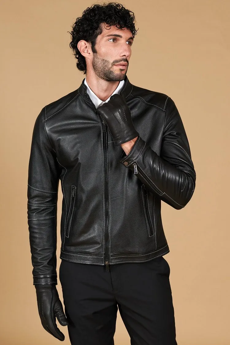 Image of Giacca in pelle raggrinzita nera con cuciture a contrasto