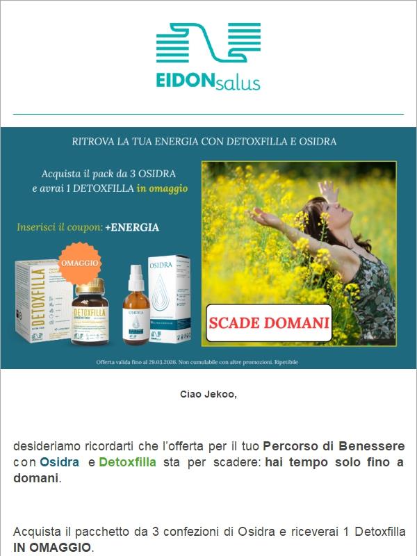 Scadenza promo 1 Detoxfilla OMAGGIO acquistando il pack da 3