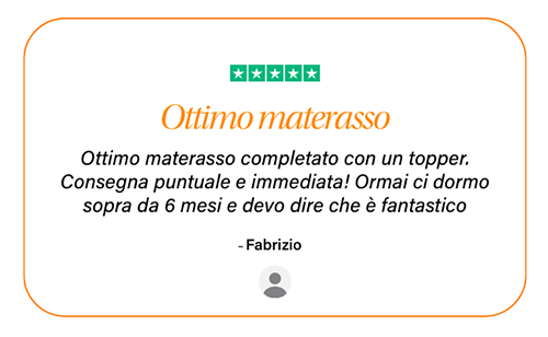 ★★★★★ Ottimo materasso Ottimo materasso completato con un topper. Consegna puntuale e immediata! Ormai ci dormo sopra da 6 mesi e devo dire che è fantastico - Fabrizio