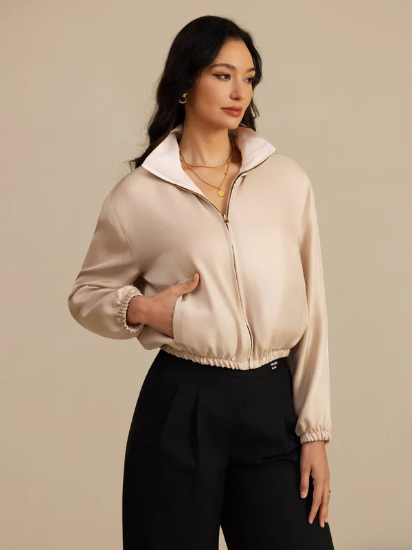 Image of Giacca Corta Reversibile Da Donna In Seta Pura Con Collo Alto E Tasche