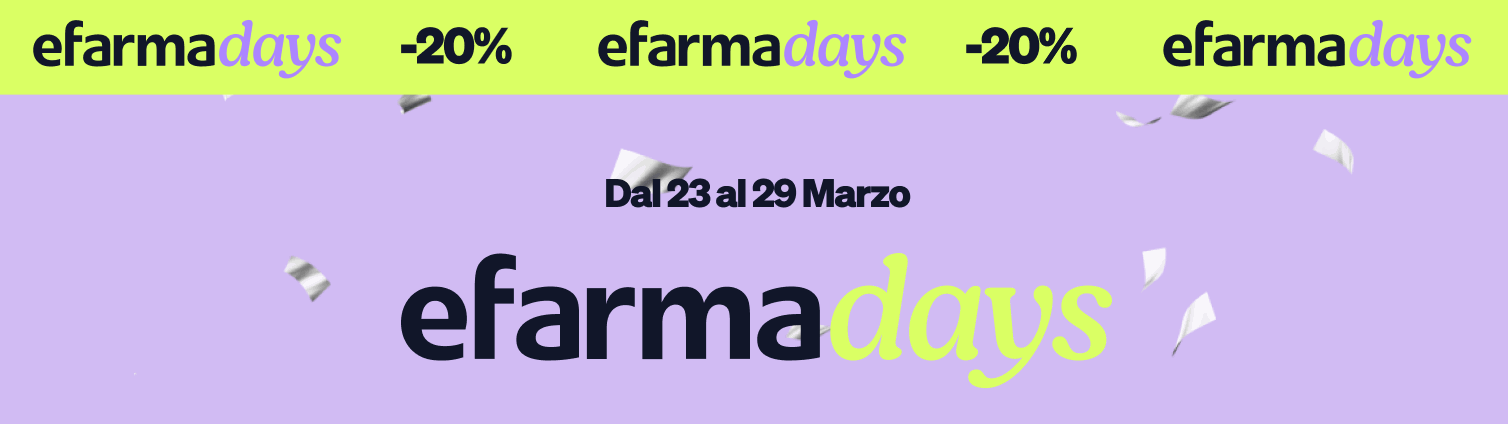 Promotional banner for 'efarma days' with purple background and confetti, repeated '-20%' sale text and dates 23–29 March