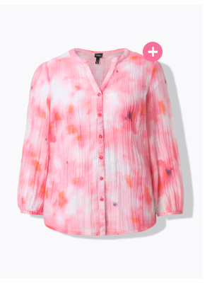 Blusa in chiffon con design batik, scollo a tunica e maniche lunghe a palloncino