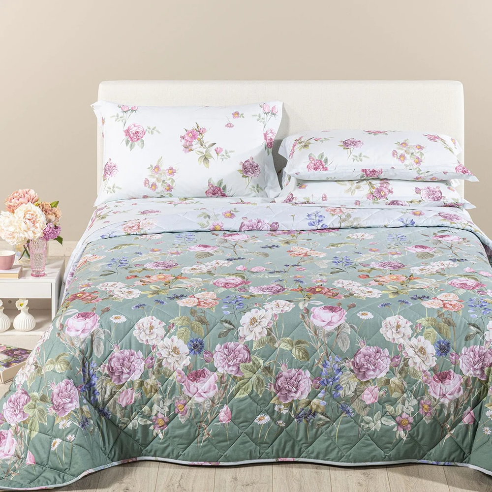 Image of COPRILETTO TRAPUNTATO GIARDINO ROMANTICO MATRIMONIALE CALEFFI