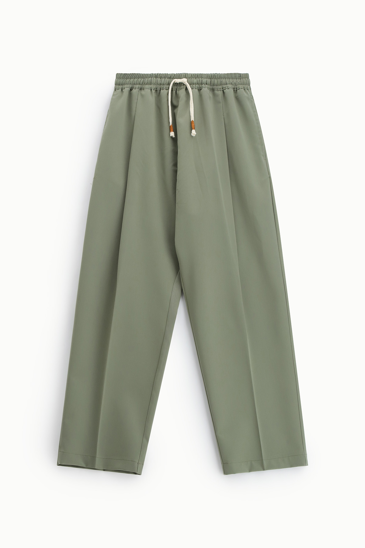 Olive-green relaxed-fit trousers with elasticated waistband and white drawstring, flat lay on white background
