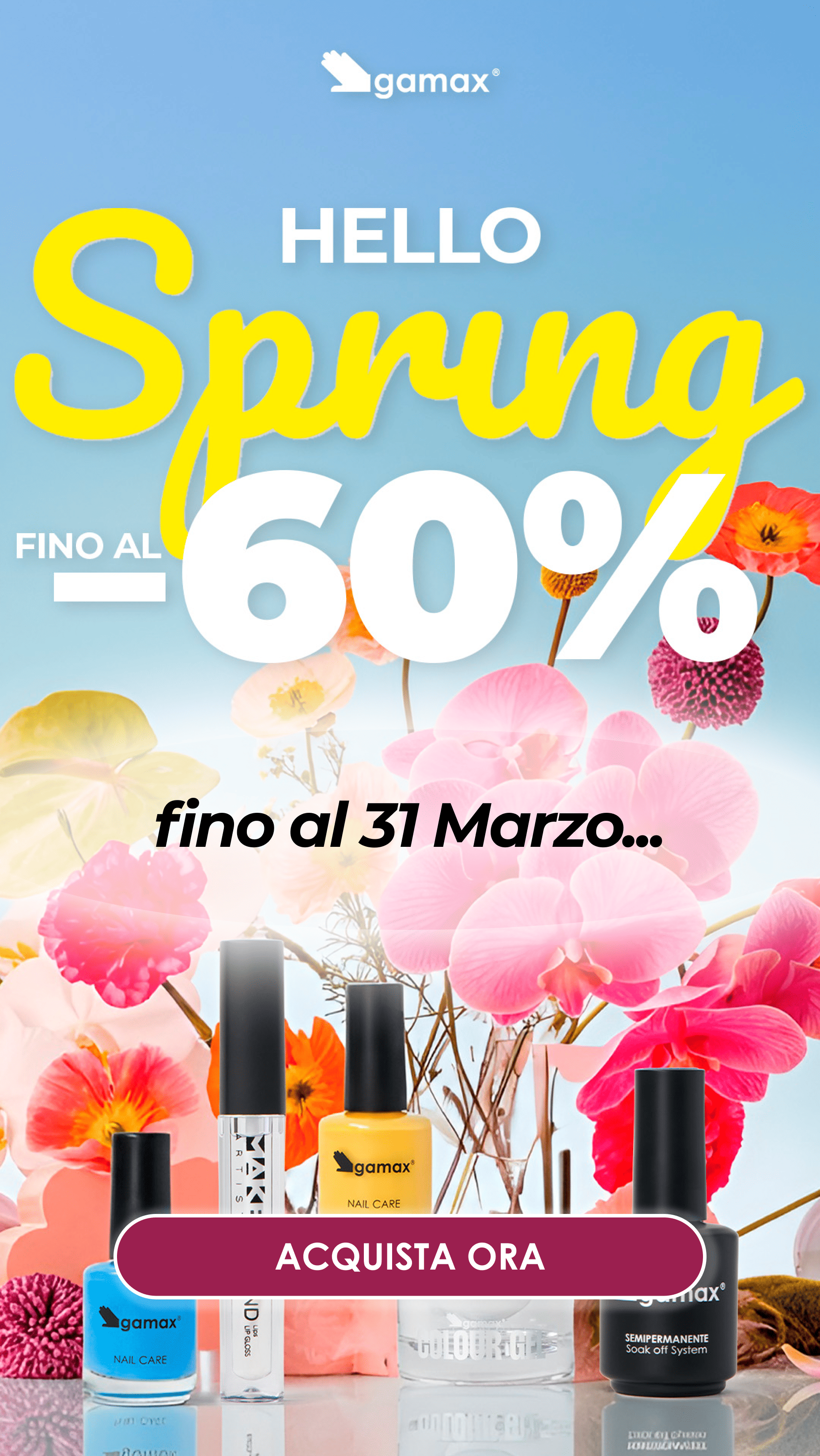 &nbsp;Ciao&nbsp;Cara , la Spring Sale è qui!  Una settimana intera di sconti su tutte le categorie.   Dal 9 al 15 marzo, puoi fare scorta dei tuoi prodotti preferiti a prezzi che non rivedrai per mesi.   Ecco cosa trovi in offerta:   💅 Tutti gli smalti classici al -50% 💅 Semipermanenti selezionati al -50% 💅 Gel color selezionati al -50% ✨ Hennè al -50% 💄 Make-up fino al -60% 👁️ Prodotti per ciglia e sopracciglia al -20%