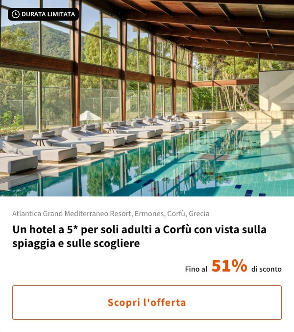 Un hotel a 5* per soli adulti a Corfù con vista sulla spiaggia e sulle scogliere
