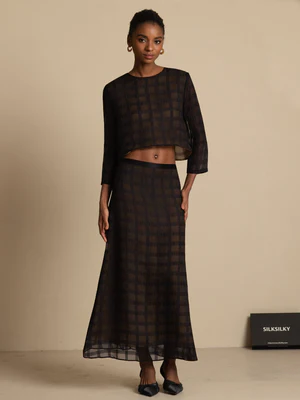 Image of Set Donna In Seta Pura Blusa Corta A Quadri Testurizzata & Gonna Lunga A-Line