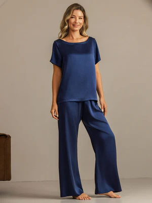 Image of 19Momme Set Pigiama con Pantaloni Lunghi e Maniche Corte in Seta Lavabile per Donne