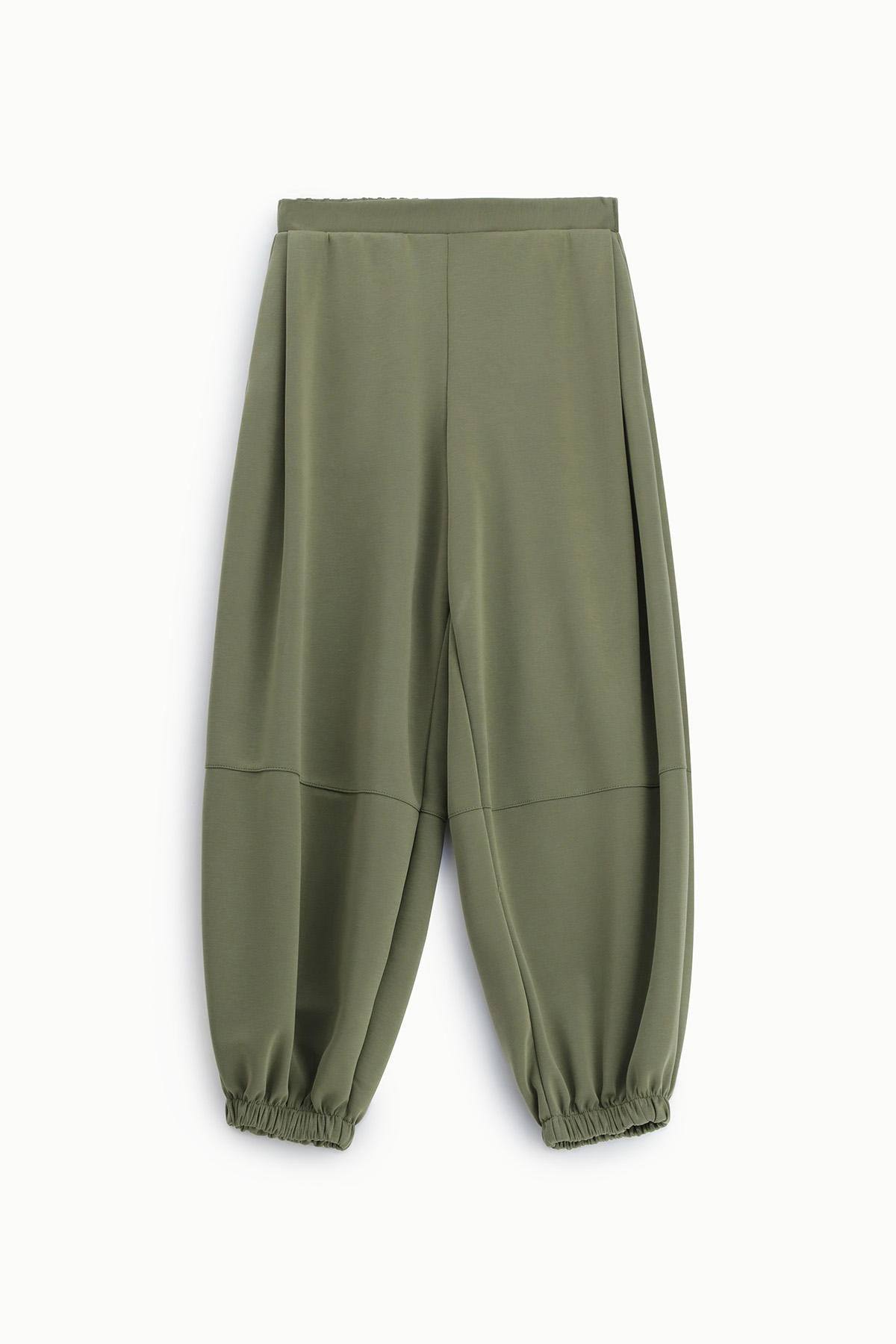 Olive green relaxed-fit jogger trousers with high waistband, seam detail and elasticated cuffs