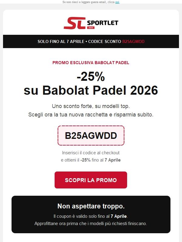 -25% su Babolat Padel 2026 | codice B25AGWDD
