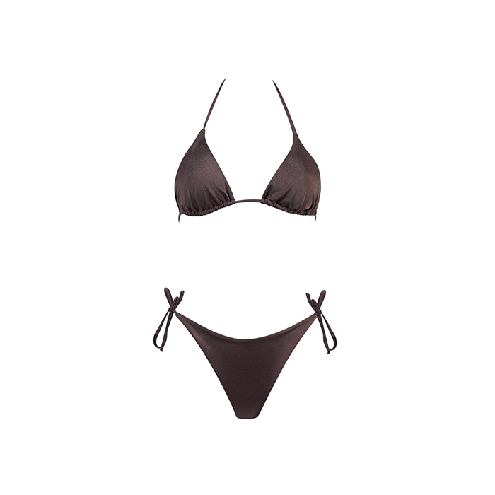 Brown women's two-piece tie-side triangle bikini set on white background