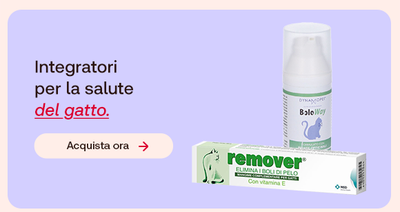 Integratori per gatti: Remover per boli di pelo e BioWay spray su sfondo lilla. Testo: &ldquo;Integratori per la salute del gatto&rdquo;, con &ldquo;del gatto&rdquo; evidenziato in rosso corsivo e sottolineato. Pulsante: &ldquo;Acquista ora&rdquo;.