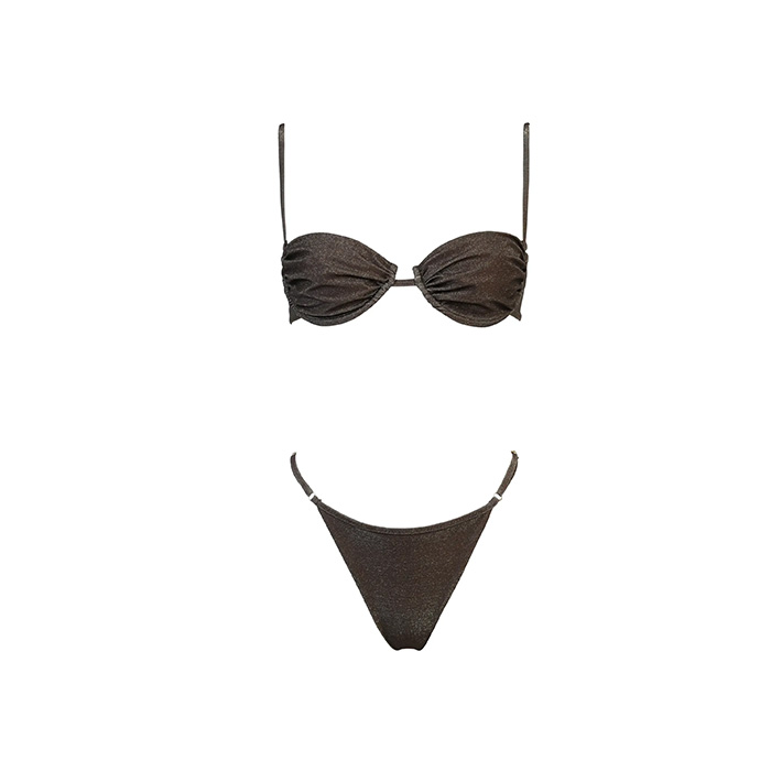 Black shimmery bikini set with ruched bandeau top and high-cut bikini briefs on white background