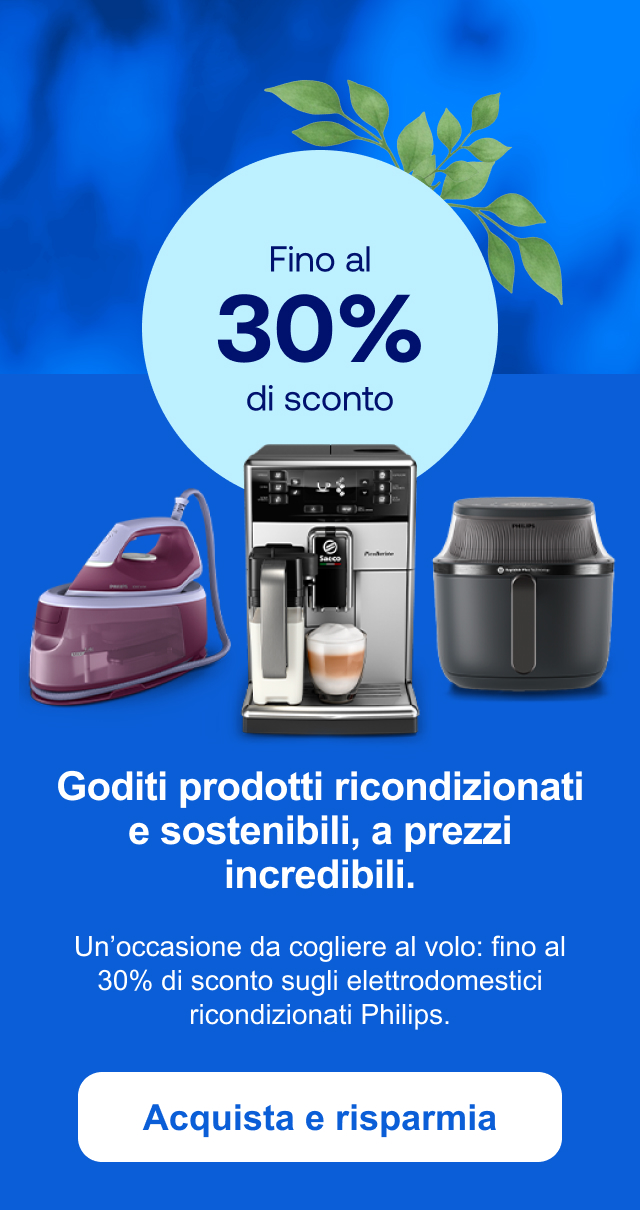 Goditi prodotti ricondizionati e sostenibili, a prezzi incredibili. Un’occasione da cogliere al volo: fino al 30% di sconto sugli elettrodomestici ricondizionati Philips. Acquista e risparmia