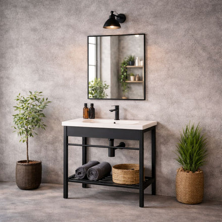 Mobile Bagno con Lavabo in Ceramica Specchio e Sifone in Acciaio 60 cm Nero