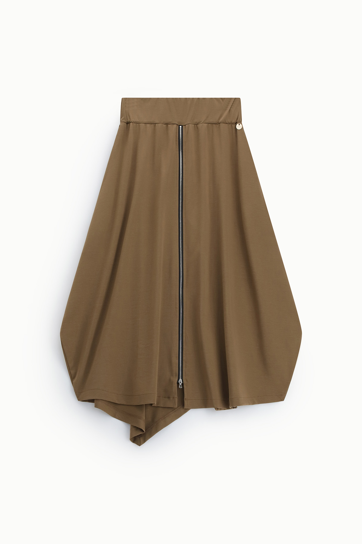 Khaki asymmetrical midi skirt with elastic waistband and exposed centre zip fastening, draped hem