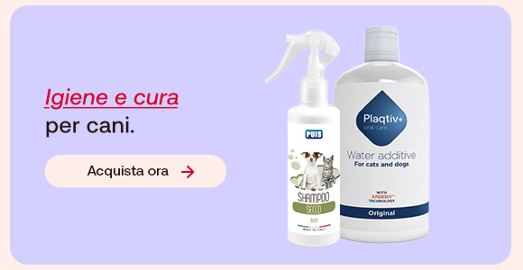 Prodotti per l&rsquo;igiene del cane: shampoo secco spray e soluzione orale Plaqtiv+ per l&rsquo;igiene dentale. Testo: &ldquo;Igiene e cura per cani&rdquo;, con &ldquo;Igiene e cura&rdquo; evidenziato in rosso corsivo e sottolineato. Pulsante: &ldquo;Acquista ora&rdquo;.