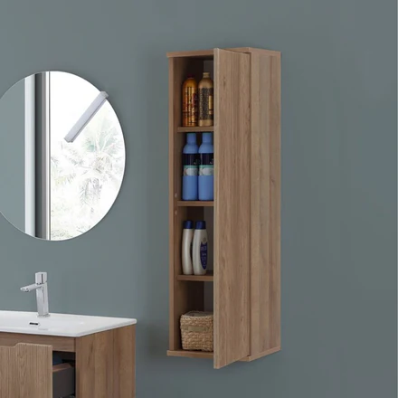 Colonna Bagno Sospesa, Mobile 1 Anta con 4 Ripiani Salvaspazio in Legno - Rovere
