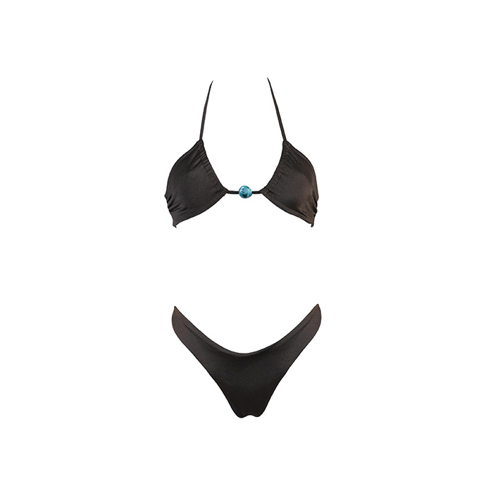 Black two-piece bikini with triangle halterneck top featuring a central turquoise bead and V-cut low-rise bottoms on white background