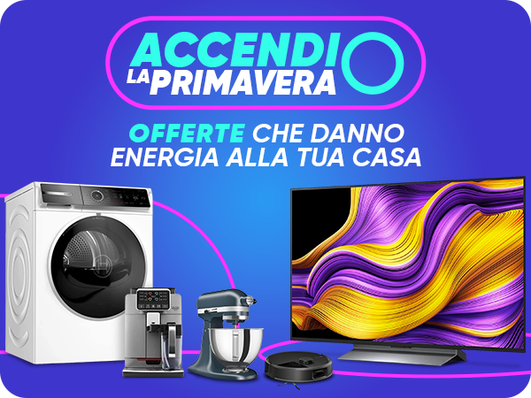 Spring sale banner showing washing machine, coffee maker, stand mixer, robot vacuum and flat-screen TV with 'Accendi la Primavera' slogan