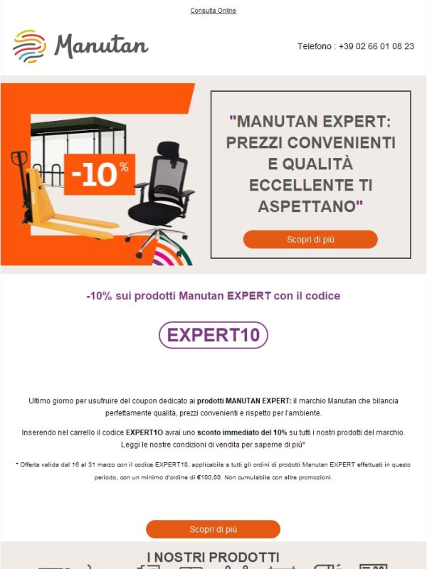 Ultimissimo giorno per utilizzare il coupon EXPERT10! Sconto del 10% su tutti i prodotti Manutan EXPERT