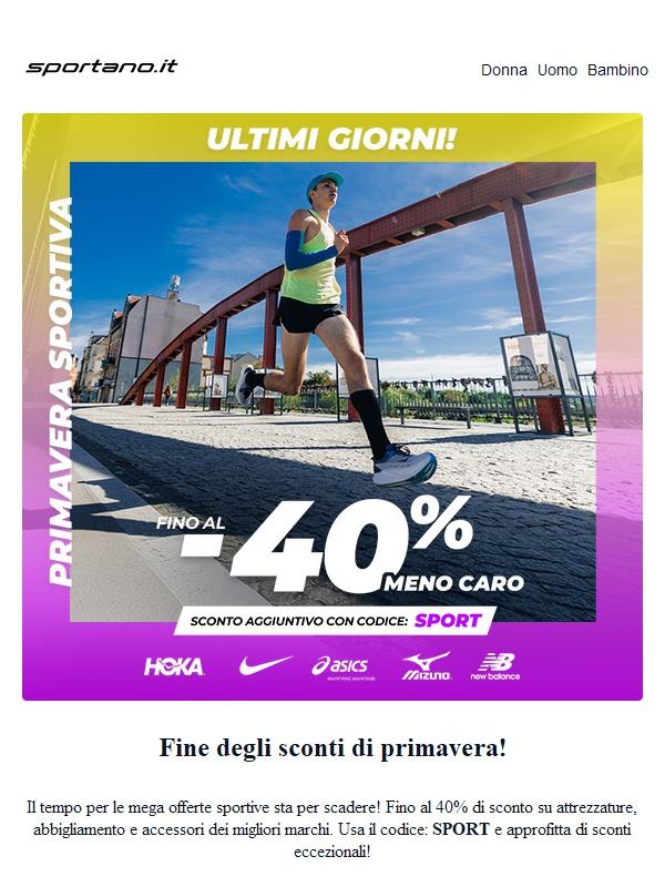 Sta per finire il -40%! Grandi marchi sportivi a prezzo scontato con il codice SPORT