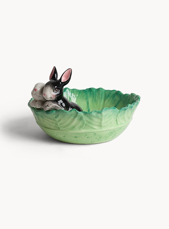 Coppa in ceramica a foglia con conigli applicati