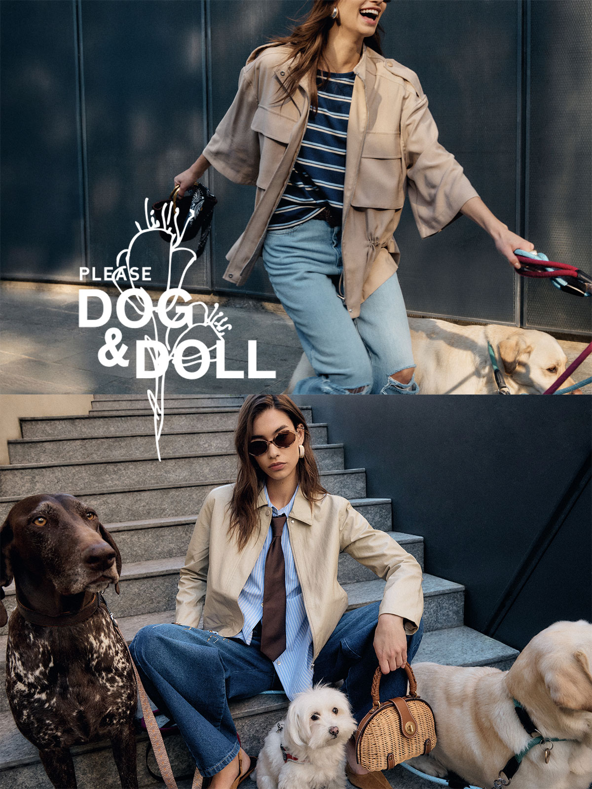 Young woman in a beige jacket and sunglasses on city steps with three dogs, holding a wicker handbag - lifestyle fashion and pet-friendly scene