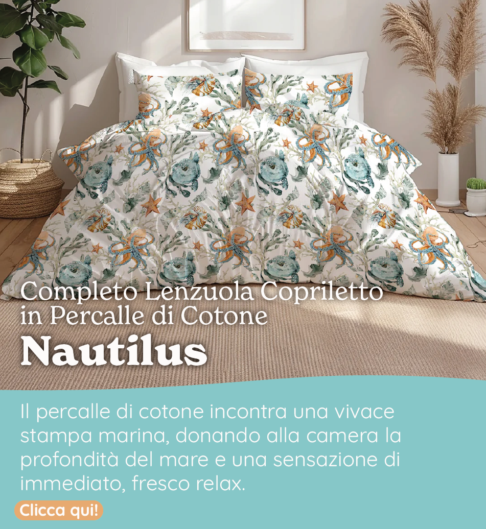 Completo Lenzuola Copriletto in Percalle di Cotone con Stampa Marina - Nautilus