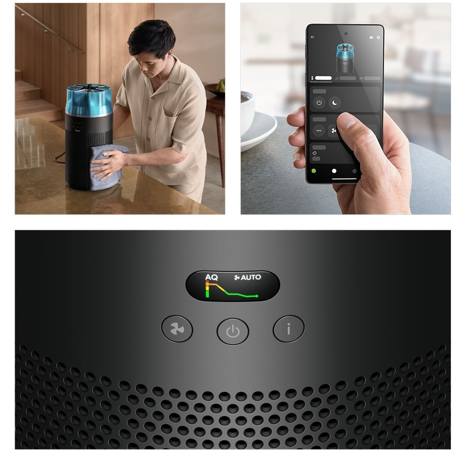 Immagini di una persona che pulisce il purificatore Dyson HushJet, del controllo tramite l’app e dello schermo LCD della macchina.