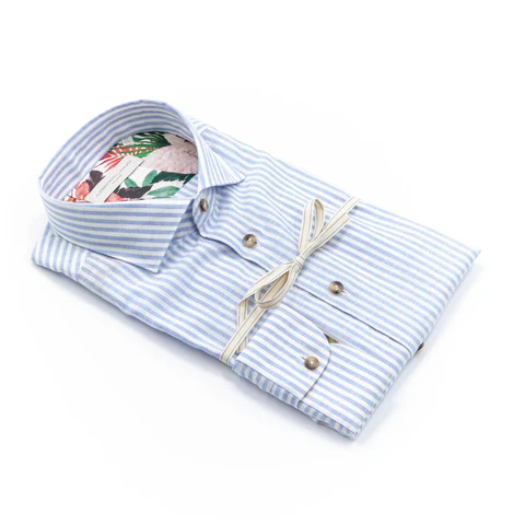 Camicia Azzurra a Righe in Lino con Interno Floreale