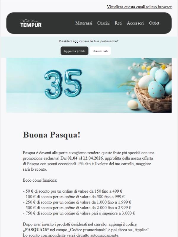 Grande promo di Pasqua: risparmia da 50 € a 750 €  - a seconda del valore dell'ordine
