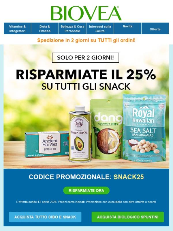 Coccolatevi con uno sconto del 25% su tutti gli snack!