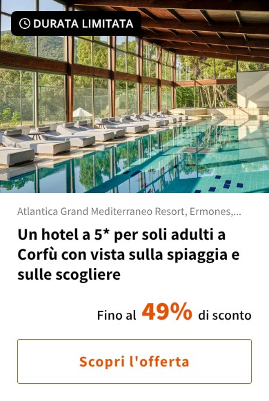 Un hotel a 5* per soli adulti a Corfù con vista sulla spiaggia e sulle scogliere