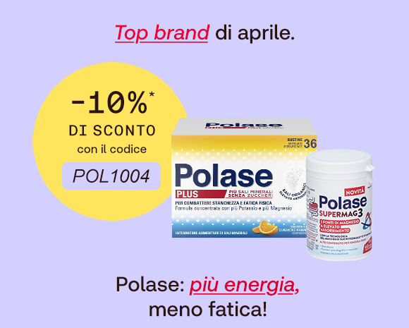 Grafica promozionale su sfondo lilla con il testo: &ldquo;Top brand di aprile&rdquo;, con &ldquo;Top brand&rdquo; evidenziato in rosso corsivo e sottolineato. A sinistra un bollino giallo indica: &ldquo;-10% di sconto con il codice POL1004&rdquo;. A destra prodotti Polase Plus e Polase Supermag. In basso la scritta: &ldquo;Polase: pi&ugrave; energia, meno fatica!&rdquo;, con &ldquo;pi&ugrave; energia&rdquo; evidenziato in rosso corsivo.